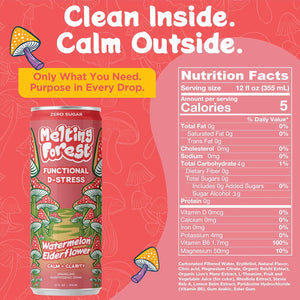 A can of Mushroom D-Stress Drink 12 Pack – Watermelon Elderflower, an organic stress relief beverage, stands on a red background with mushrooms and calming text. Nutrition facts and ingredients appear on the right.