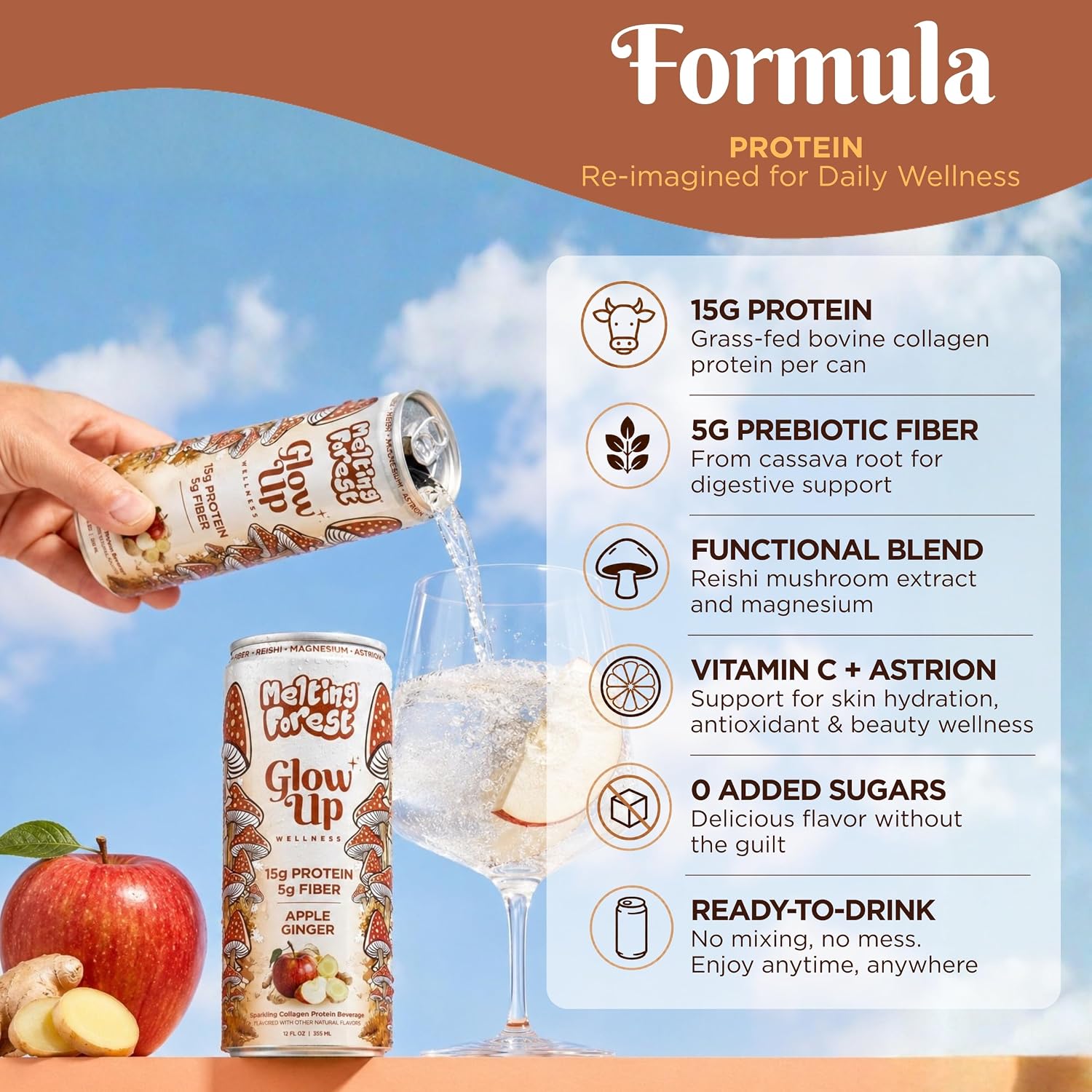 A hand pours Glow Up Sparkling Collagen Protein – Apple Ginger into a glass with ice and apple slices, beside a can. Text highlights: 15g protein, 5g prebiotic fiber, functional blend, vitamins, beauty boost, and no added sugars.