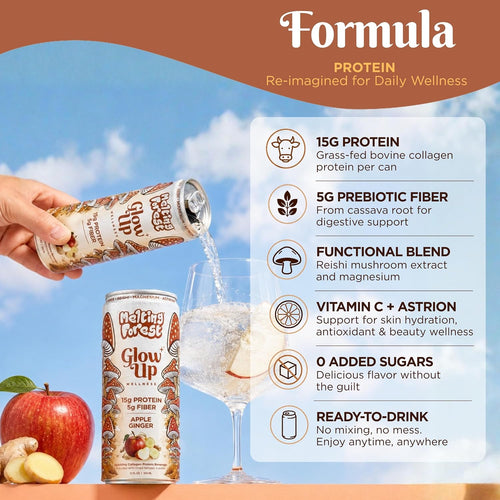 A hand pours Glow Up Sparkling Collagen Protein – Apple Ginger into a glass with ice and apple slices, beside a can. Text highlights: 15g protein, 5g prebiotic fiber, functional blend, vitamins, beauty boost, and no added sugars.