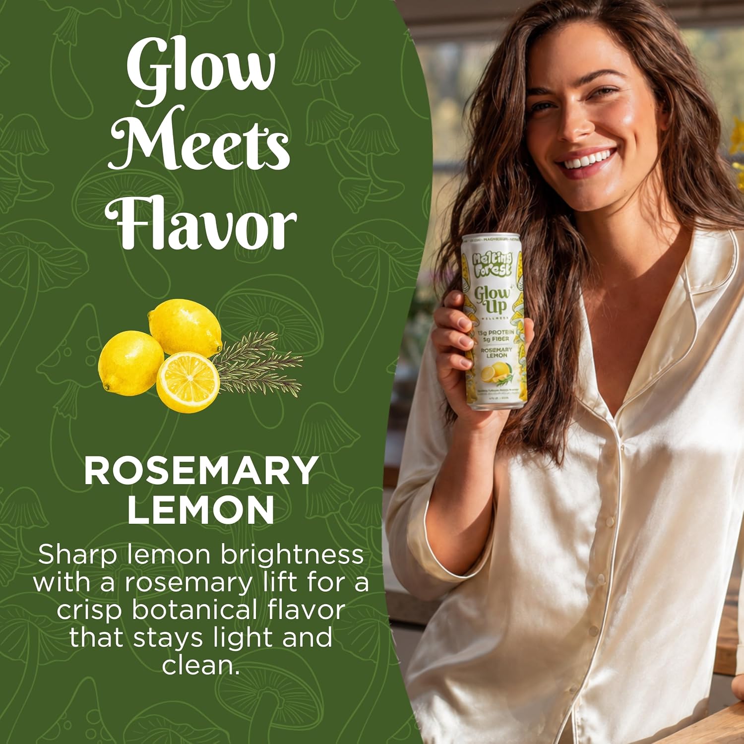 A woman in a cream satin shirt holds Glow Up Sparkling Collagen Protein – Rosemary Lemon. "Glow Meets Flavor" appears with lemons and rosemary on a green background, highlighting the refreshing rosemary lemon taste.