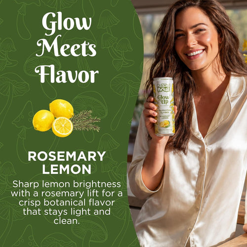 A woman in a cream satin shirt holds Glow Up Sparkling Collagen Protein – Rosemary Lemon. "Glow Meets Flavor" appears with lemons and rosemary on a green background, highlighting the refreshing rosemary lemon taste.