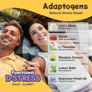 A smiling man and woman lie on grass. Mushroom D-Stress Drink 12 pack – Coconut Pineapple features Lion’s Mane, Reishi, L-Theanine, Rhodiola, Lemon Balm, Magnesium & Vitamin B6 for calm, focus, and stress relief in a refreshing beverage.