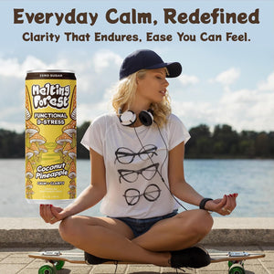A woman sits cross-legged on a skateboard by the water, eyes closed with headphones and a cap. Next to her is a can of Mushroom D-Stress Drink 12 pack – Coconut Pineapple. Text above: "Everyday Calm, Redefined—the ultimate stress relief drink.