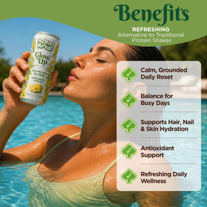A woman in a pool holds a can of Glow Up Sparkling Collagen Protein – Rosemary Lemon. Beside her, benefits listed are: calm reset, balance, hydration support, antioxidant support, and refreshing daily wellness.