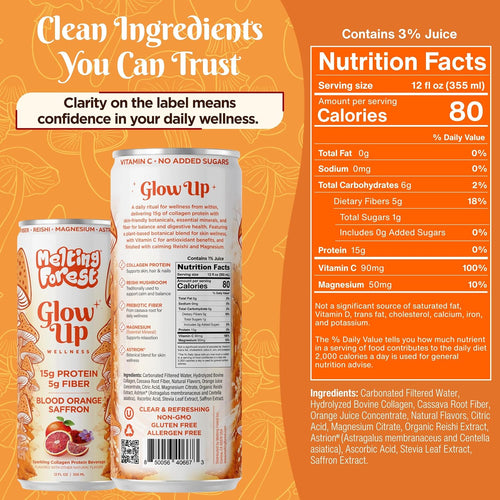 Two cans of Glow Up Sparkling Collagen Protein – Blood Orange Saffron are shown with nutrition facts, highlighting vitamin C, 15g collagen protein, 5g fiber, blood orange saffron flavor, clean ingredients, and clear labeling.