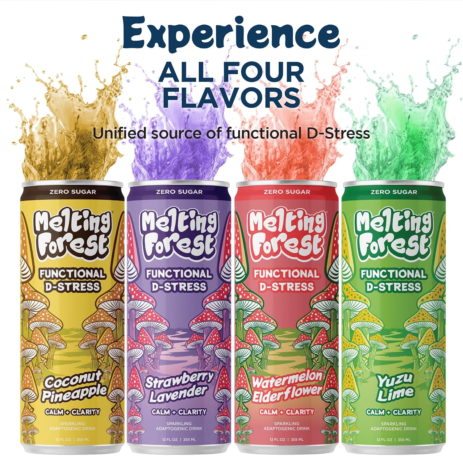 A vibrant splash of color above each Mushroom D-Stress Drink 12 Pack - Strawberry Lavender can highlights this adaptogenic beverage blend.
