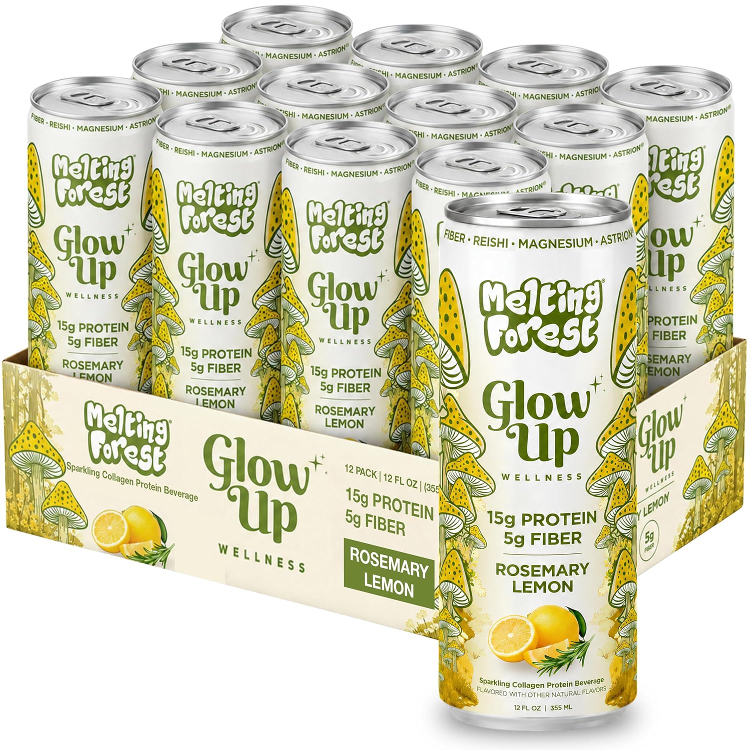 Twelve cans of Glow Up Sparkling Collagen Protein – Rosemary Lemon are packed in a yellow and white box with mushroom illustrations. Each can contains 15g protein and 5g fiber, promoting beauty-from-within benefits.