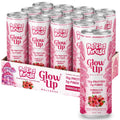 A 12-pack of tall cans labeled "Glow Up Sparkling Collagen Protein – Hibiscus Berry," a beauty-from-within drink with pink packaging featuring mushrooms and berry illustrations.