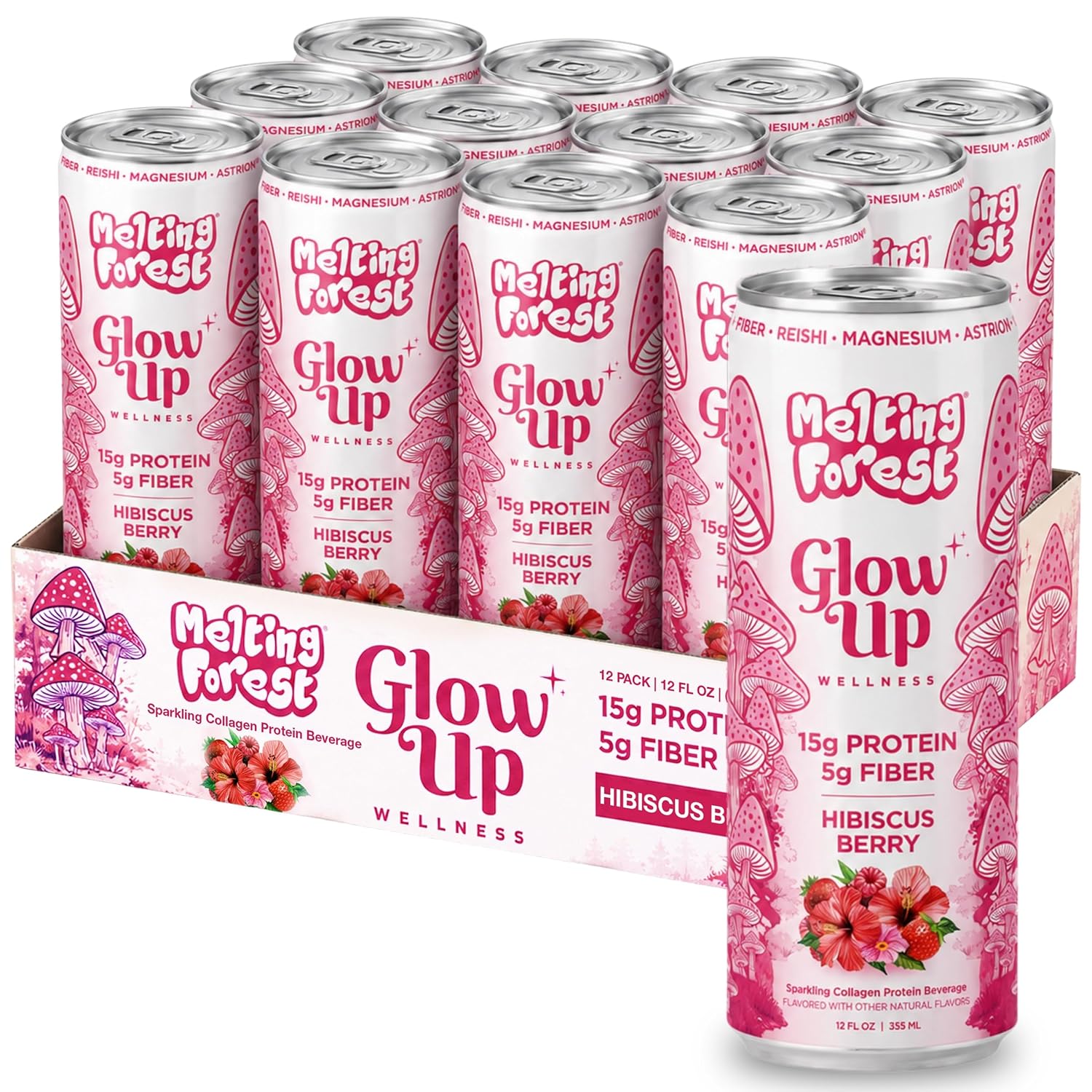 A 12-pack of tall cans labeled "Glow Up Sparkling Collagen Protein – Hibiscus Berry," a beauty-from-within drink with pink packaging featuring mushrooms and berry illustrations.