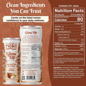Two cans of Glow Up Sparkling Collagen Protein – Apple Ginger are shown, highlighting clean ingredients, nutrition facts, and benefits like 15g protein, 5g fiber, ginger, and vitamins—with a clear label promoting trust and daily wellness.