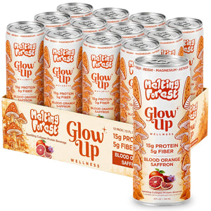 A 12-pack of Glow Up Sparkling Collagen Protein – Blood Orange Saffron features orange mushrooms and fruits on the cans, with each sparkling drink providing 15g protein and 5g fiber.
