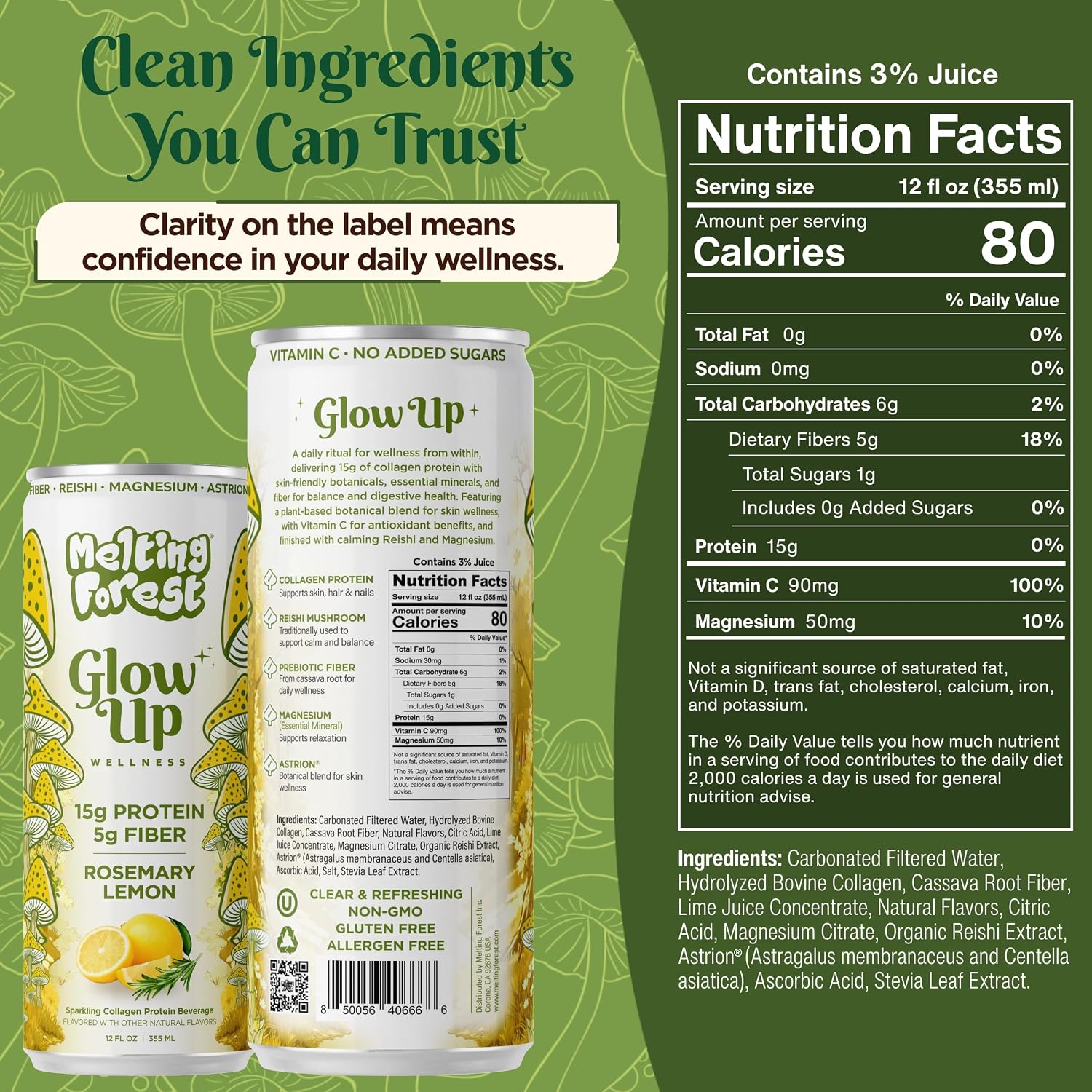 Two cans of Glow Up Sparkling Collagen Protein – Rosemary Lemon appear with lemon and rosemary art. Nutrition facts and claims like “clean ingredients” and “clarity on the label” are featured in a fresh, green-themed layout.