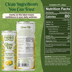 Two cans of Glow Up Sparkling Collagen Protein – Rosemary Lemon appear with lemon and rosemary art. Nutrition facts and claims like “clean ingredients” and “clarity on the label” are featured in a fresh, green-themed layout.