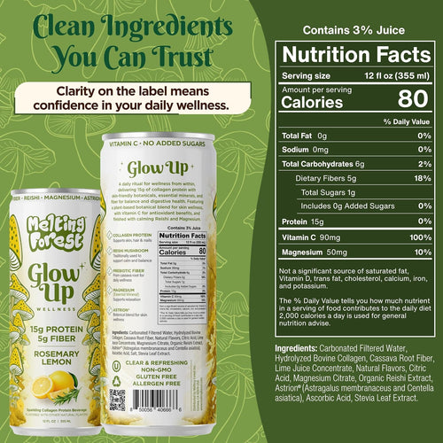 Two cans of Glow Up Sparkling Collagen Protein – Rosemary Lemon appear with lemon and rosemary art. Nutrition facts and claims like “clean ingredients” and “clarity on the label” are featured in a fresh, green-themed layout.