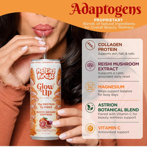 A woman enjoys a Glow Up Sparkling Collagen Protein – Blood Orange Saffron, a beauty-from-within drink. Next to her, text highlights adaptogens—collagen protein, reishi mushroom extract, and vitamin C—and their wellness benefits.