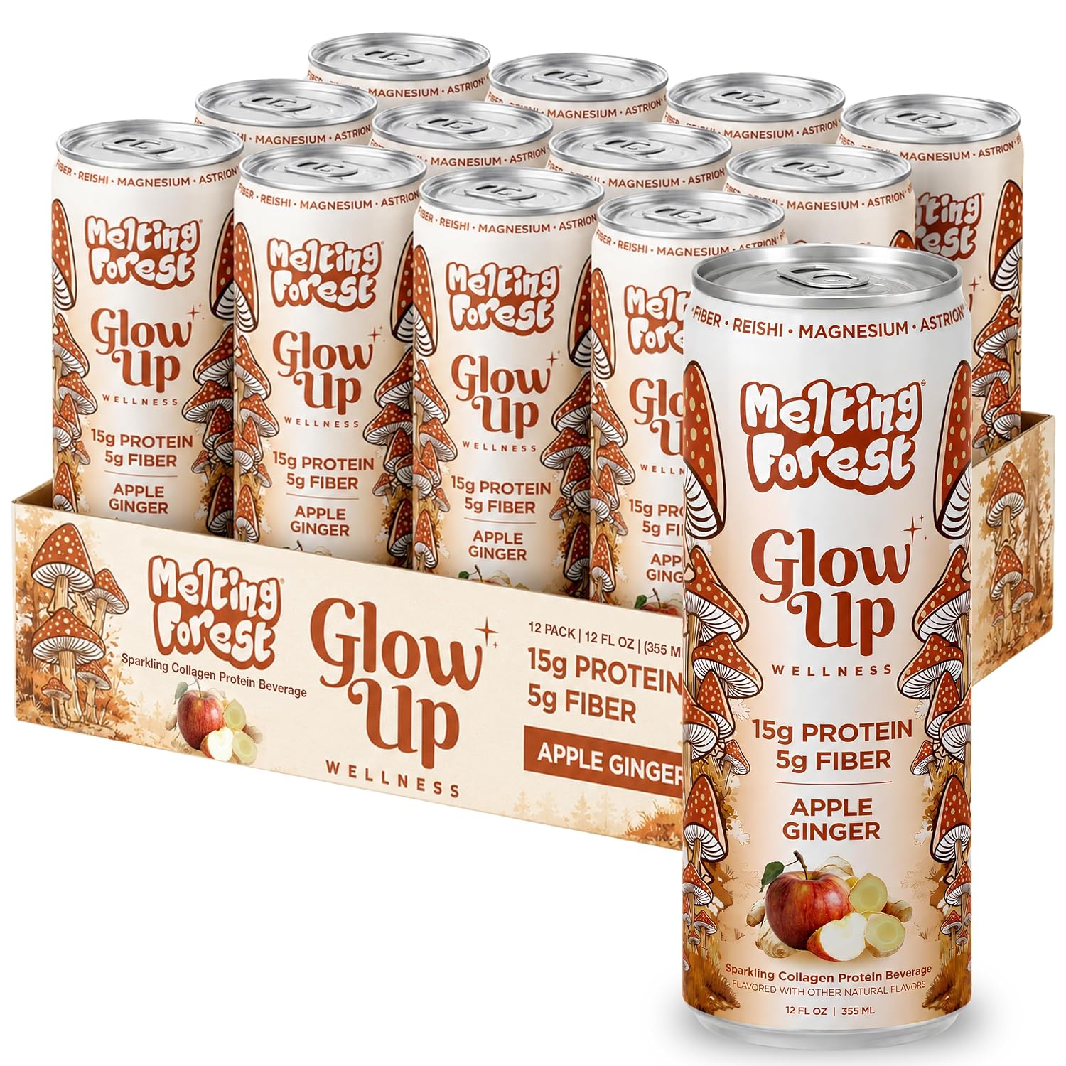 A 12-pack of Glow Up Sparkling Collagen Protein – Apple Ginger, each can with 15g collagen protein and 5g fiber. This wellness drink offers a beauty boost and comes in cans adorned with mushroom and apple illustrations.