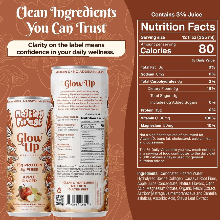 Two cans of Glow Up Sparkling Collagen Protein – Apple Ginger and the nutrition label. Text highlights "Clean Ingredients You Can Trust" and "Clarity on the label means confidence in your daily wellness." Discover this beauty-from-within beverage, thoughtfully crafted with nourishing ingredients like prebiotic fiber to support your overall well-being.