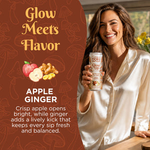 A smiling woman in a satin shirt holds a can labeled “Glow Up Sparkling Collagen Protein – Apple Ginger.” The text beside her reads “Glow Meets Flavor: Apple Ginger,” accompanied by images of an apple and ginger and a description of the drink’s taste. Infused with prebiotic fiber, this refreshing collagen protein beverage is expertly crafted to nourish your glow from within.