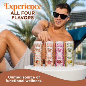 A smiling man in sunglasses by a pool displays four cans of Glow Up Sparkling Collagen Protein – Apple Ginger, each featuring a unique flavor, with palm trees behind him. Text reads: “Experience all four flavors. Unified source of functional wellness.”.