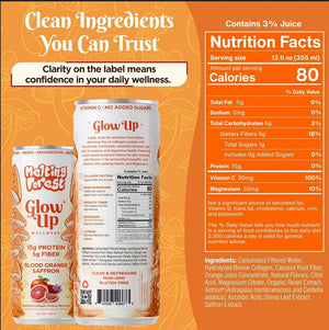 Two cans of Glow Up Sparkling Collagen Protein – Blood Orange Saffron are displayed alongside the nutrition facts label. The image emphasizes “Clean Ingredients You Can Trust” as well as “15g protein 5g fiber.” As a sparkling collagen protein beverage, its ingredients and supplement details are clearly presented for your confidence.