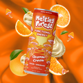 A case of Mushroom Energy Drink 12 Pack - Variety Pack is surrounded by orange slices, lion's mane and cordyceps mushrooms, and swirls of cream, all set against a vibrant orange background.