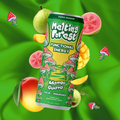 A can of Mushroom Energy Drink 12 Pack - Variety Pack floats among fresh mangoes, guavas, and cartoon mushrooms—cordyceps and lion's mane—on a vibrant green background, with colorful psychedelic artwork and text on the can.