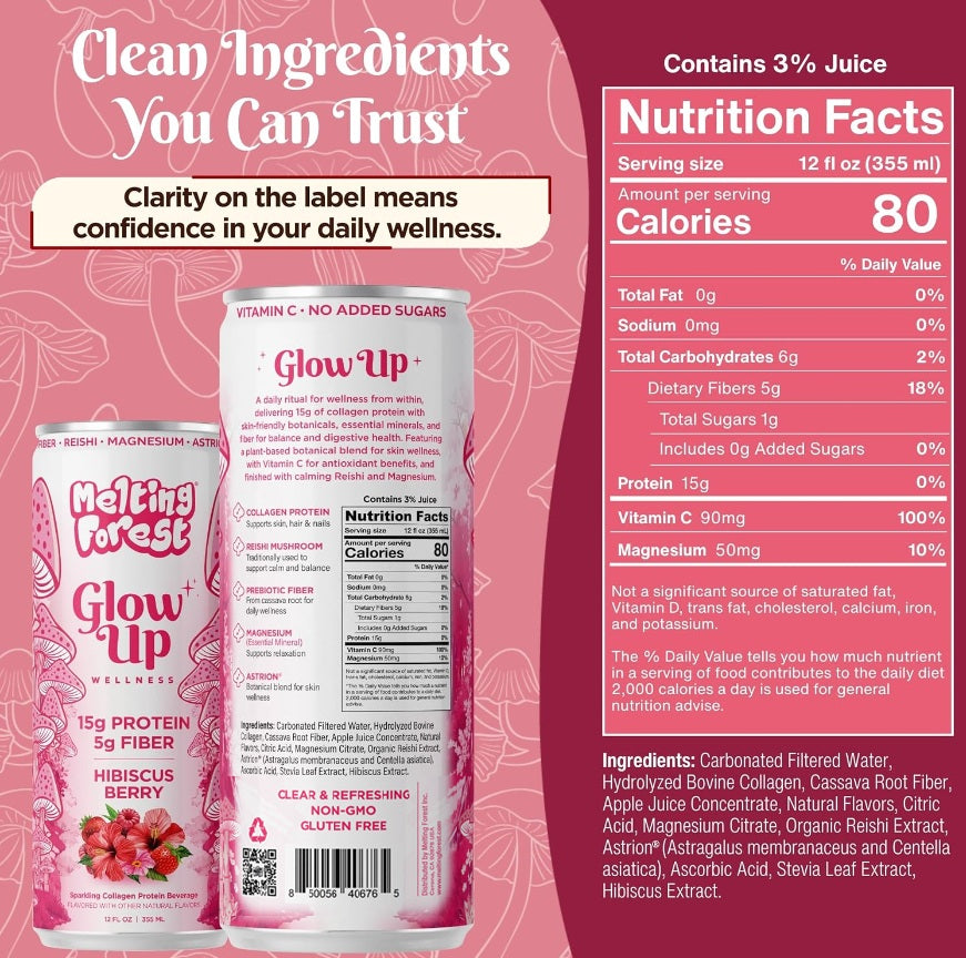 Two cans of Melting Forest Glow Up Sparkling Collagen Protein – Hibiscus Berry are displayed with nutrition facts, ingredients, key vitamins, and the tagline "Clean Ingredients You Can Trust" on a pink background. This beauty-from-within beverage contains prebiotic fiber to support your wellness routine.