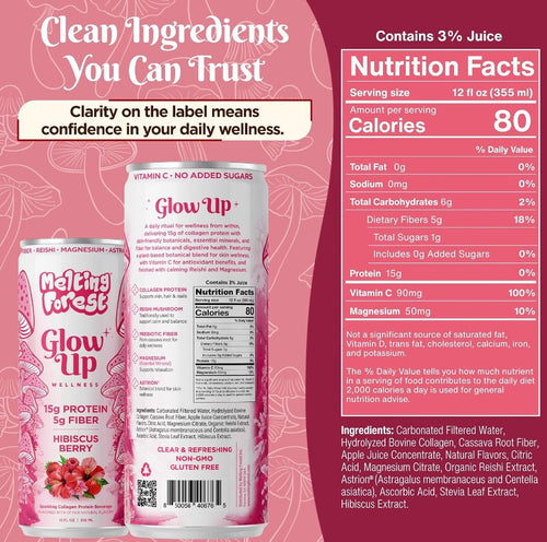 Two cans of Melting Forest Glow Up Sparkling Collagen Protein – Hibiscus Berry are displayed with nutrition facts, ingredients, key vitamins, and the tagline "Clean Ingredients You Can Trust" on a pink background. This beauty-from-within beverage contains prebiotic fiber to support your wellness routine.