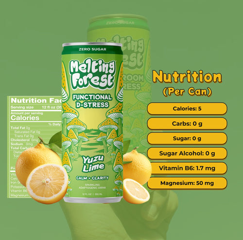 D-Stress Yuzu Lime nutrition per can: 5 calories, 0g carbs, 0g sugar