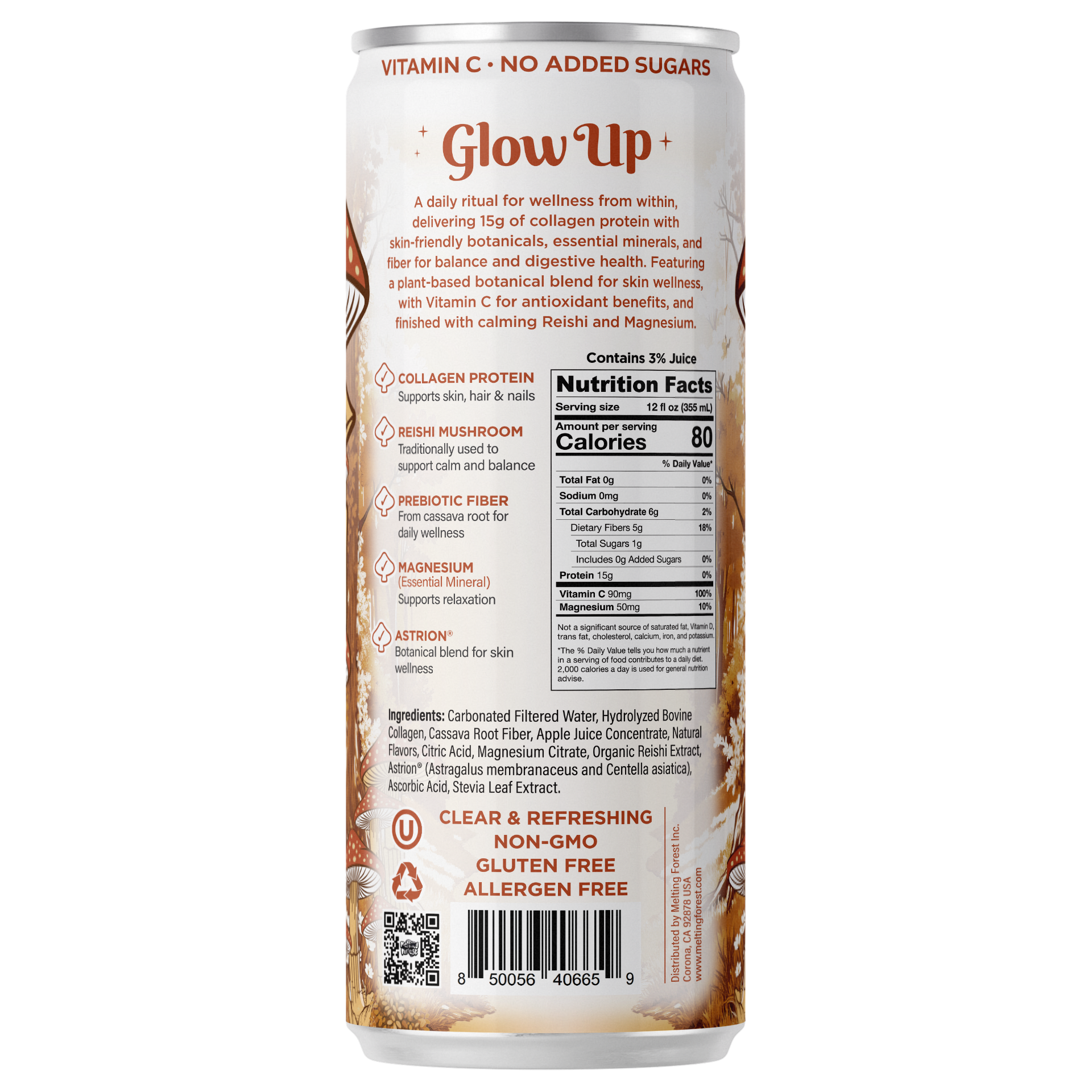 Back view of Glow Up Sparkling Collagen Protein – Apple Ginger, a wellness drink with collagen, mushroom, vitamin C, magnesium, and ashwagandha. Shows nutrition facts, ingredients list, and certifications.