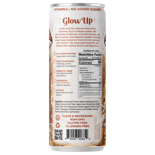 Back view of Glow Up Sparkling Collagen Protein – Apple Ginger, a wellness drink with collagen, mushroom, vitamin C, magnesium, and ashwagandha. Shows nutrition facts, ingredients list, and certifications.