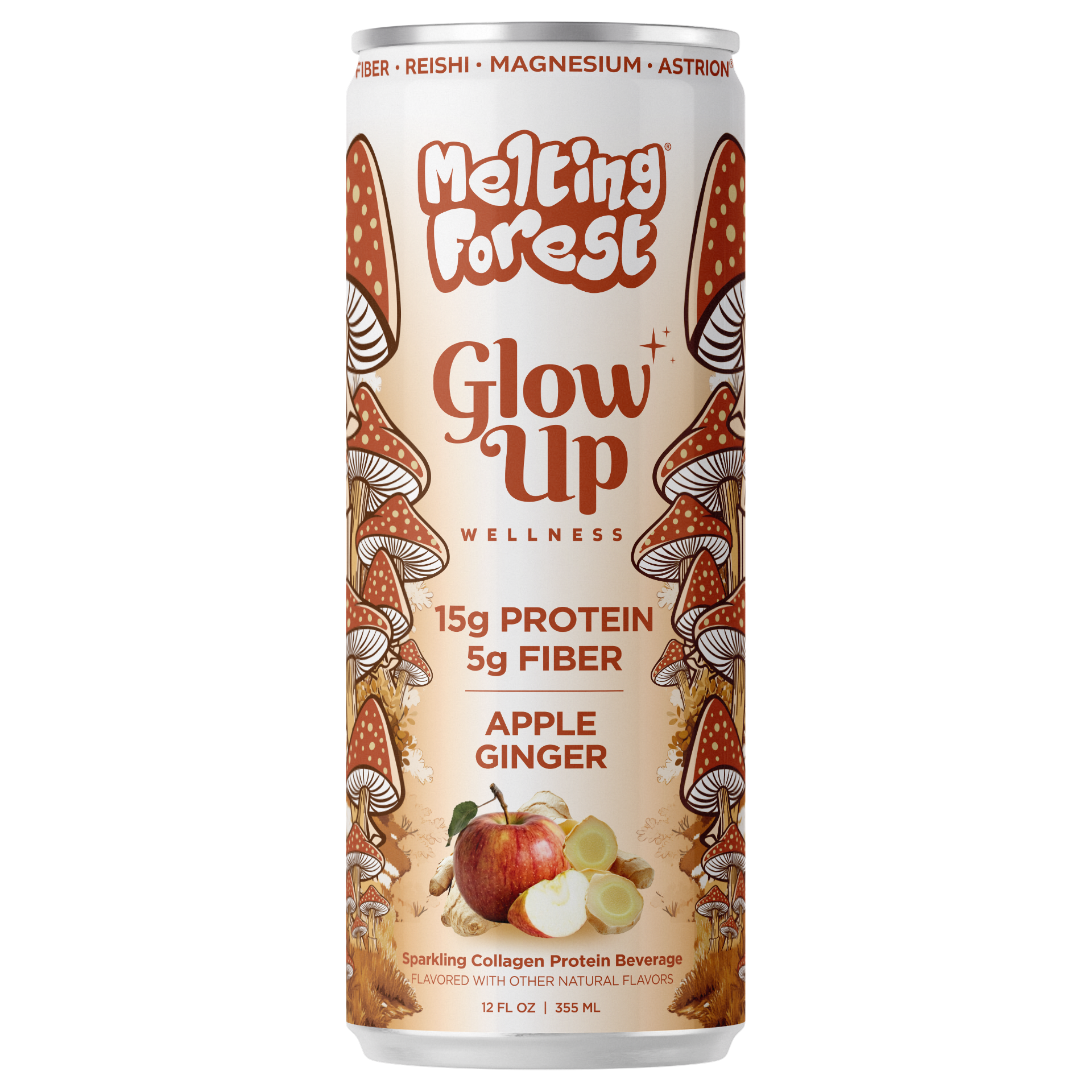 A can of Glow Up Sparkling Collagen Protein – Apple Ginger, featuring mushrooms, apples, ginger, 15g protein, 5g fiber, and ingredients like reishi, magnesium, and astrion on the label.