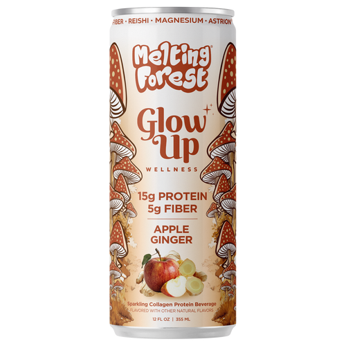 A can of Glow Up Sparkling Collagen Protein – Apple Ginger, featuring mushrooms, apples, ginger, 15g protein, 5g fiber, and ingredients like reishi, magnesium, and astrion on the label.