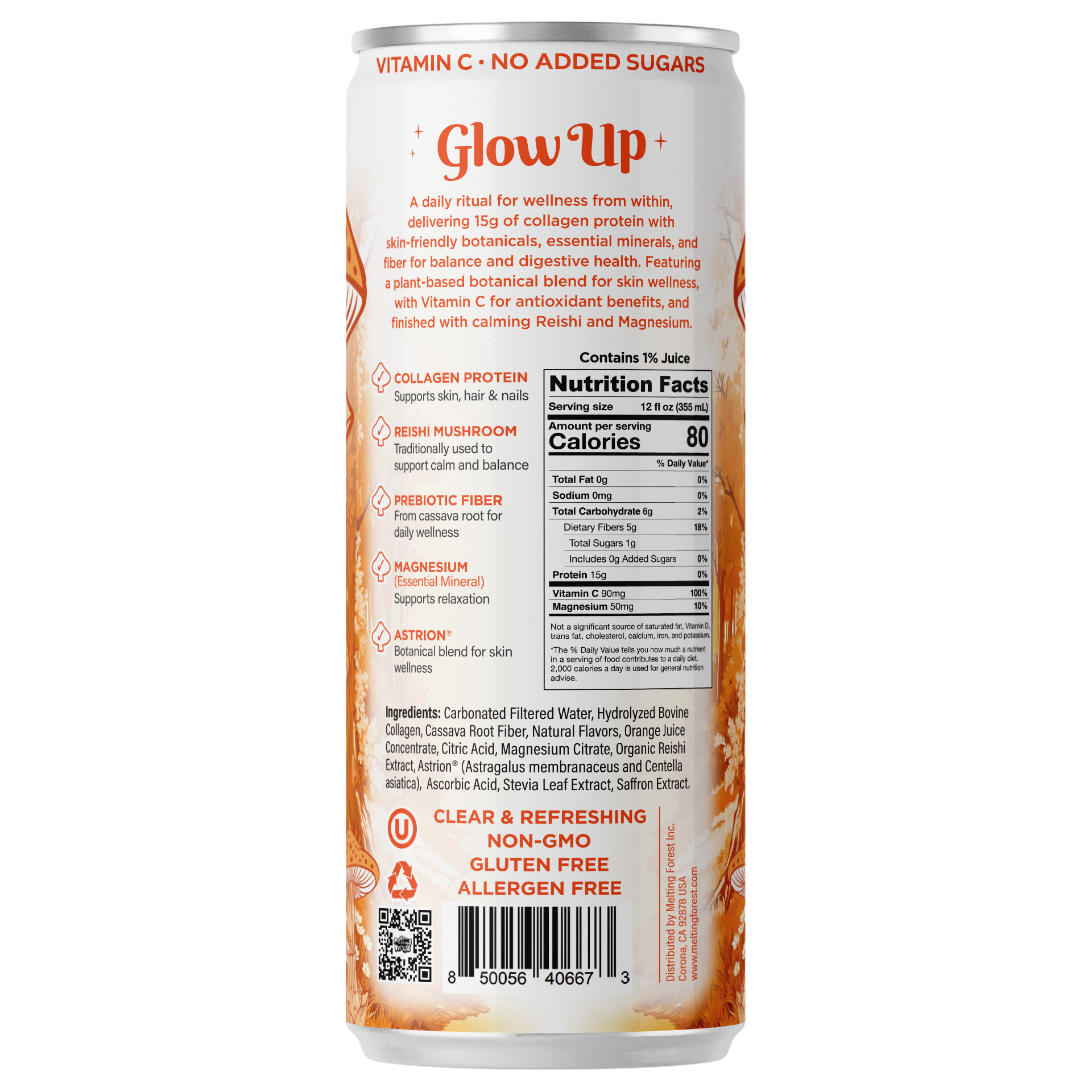 Back of a can labeled "Glow Up Sparkling Collagen Protein – Blood Orange Saffron," highlighting 80 calories per serving, collagen protein, prebiotic fiber, adaptogens, magnesium, vitamins; non-GMO, allergen-free, no added sugars.