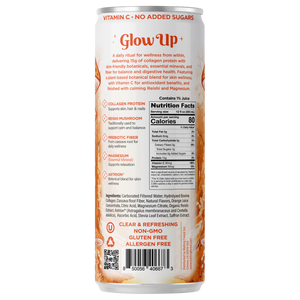 Back of a can labeled "Glow Up Sparkling Collagen Protein – Blood Orange Saffron," highlighting 80 calories per serving, collagen protein, prebiotic fiber, adaptogens, magnesium, vitamins; non-GMO, allergen-free, no added sugars.