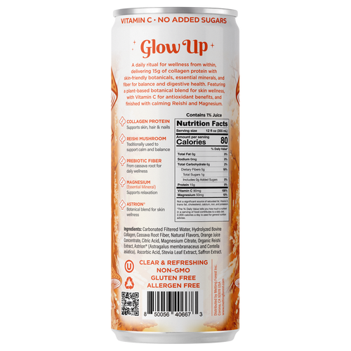 Back of a can labeled "Glow Up Sparkling Collagen Protein – Blood Orange Saffron," highlighting 80 calories per serving, collagen protein, prebiotic fiber, adaptogens, magnesium, vitamins; non-GMO, allergen-free, no added sugars.