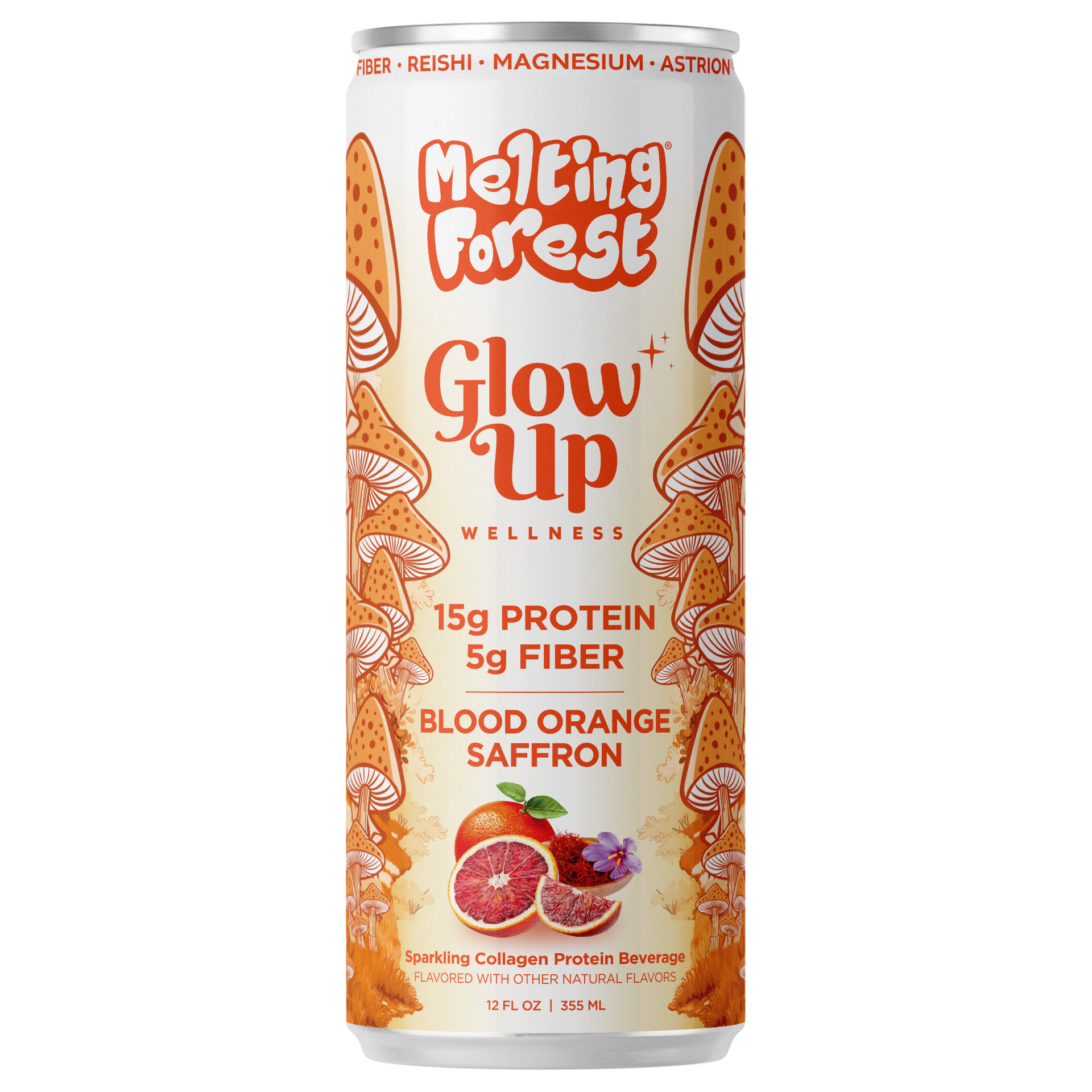 A vibrant can of Glow Up Sparkling Collagen Protein – Blood Orange Saffron features orange mushroom art and highlights 15g collagen protein, prebiotic fiber, and added magnesium for a beauty-from-within wellness boost.