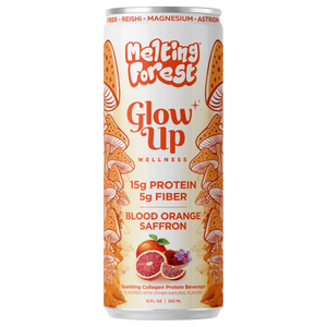 A vibrant can of Glow Up Sparkling Collagen Protein – Blood Orange Saffron features orange mushroom art and highlights 15g collagen protein, prebiotic fiber, and added magnesium for a beauty-from-within wellness boost.