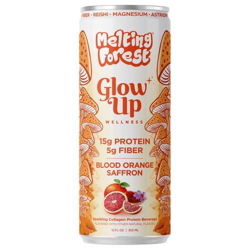 A vibrant can of Glow Up Sparkling Collagen Protein – Blood Orange Saffron features orange mushroom art and highlights 15g collagen protein, prebiotic fiber, and added magnesium for a beauty-from-within wellness boost.