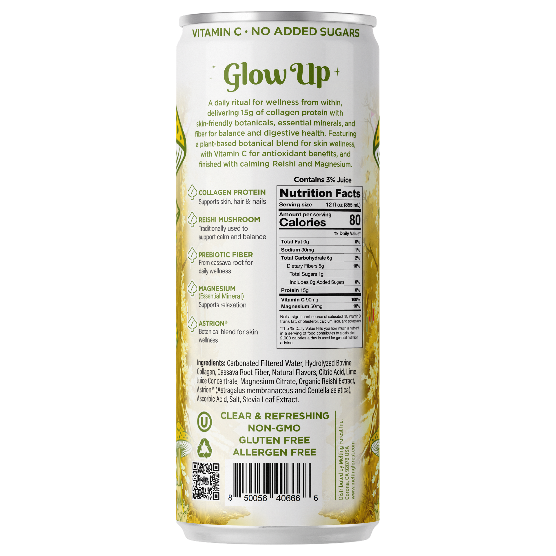 Back of a Glow Up Sparkling Collagen Protein – Rosemary Lemon can, featuring ingredients, nutrition facts, and benefits including collagen, vitamin C, reishi mushroom, prebiotic fiber; non-GMO, gluten free, no added sugars—a real beauty-from-within drink.