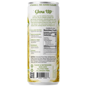 Back of a Glow Up Sparkling Collagen Protein – Rosemary Lemon can, featuring ingredients, nutrition facts, and benefits including collagen, vitamin C, reishi mushroom, prebiotic fiber; non-GMO, gluten free, no added sugars—a real beauty-from-within drink.
