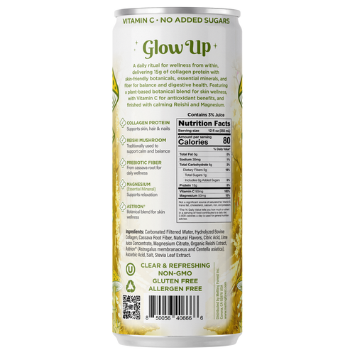 Back of a Glow Up Sparkling Collagen Protein – Rosemary Lemon can, featuring ingredients, nutrition facts, and benefits including collagen, vitamin C, reishi mushroom, prebiotic fiber; non-GMO, gluten free, no added sugars—a real beauty-from-within drink.