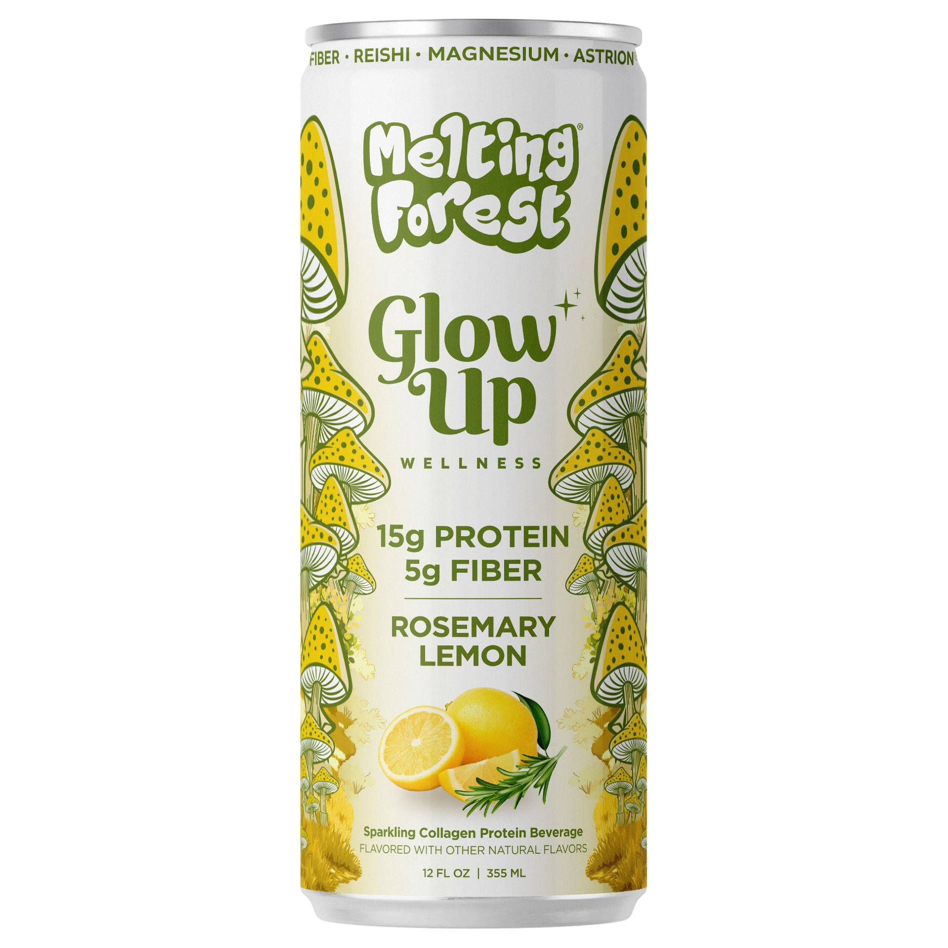 A can of Glow Up Sparkling Collagen Protein – Rosemary Lemon shows yellow mushrooms and lemons, with text noting 15g protein, 5g prebiotic fiber, and beauty-from-within ingredients.