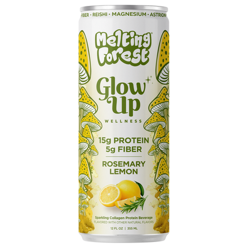 A can of Glow Up Sparkling Collagen Protein – Rosemary Lemon shows yellow mushrooms and lemons, with text noting 15g protein, 5g prebiotic fiber, and beauty-from-within ingredients.