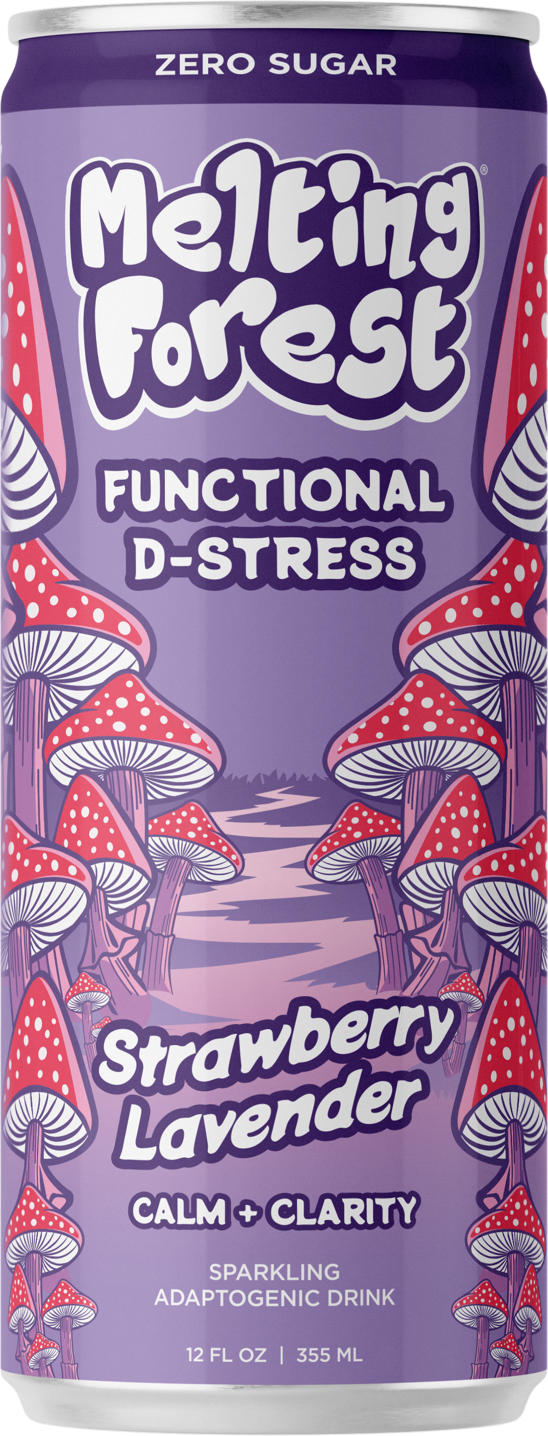 A 12-pack of Mushroom D-Stress Drink in Strawberry Lavender, an adaptogenic sparkling beverage with organic reishi and lion’s mane. The purple cans feature red and white mushrooms and highlight zero sugar, calm, and clarity.