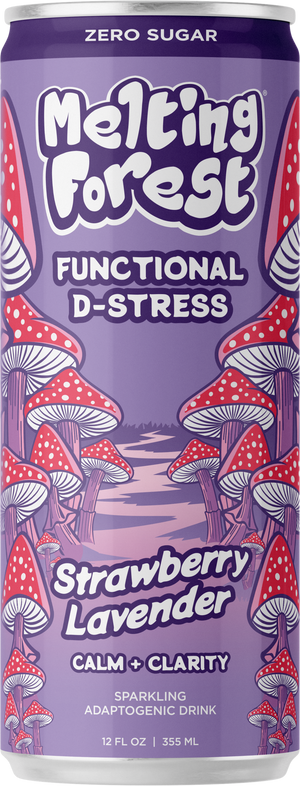 A 12-pack of Mushroom D-Stress Drink in Strawberry Lavender, an adaptogenic sparkling beverage with organic reishi and lion’s mane. The purple cans feature red and white mushrooms and highlight zero sugar, calm, and clarity.