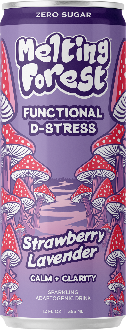 A 12-pack of Mushroom D-Stress Drink in Strawberry Lavender, an adaptogenic sparkling beverage with organic reishi and lion’s mane. The purple cans feature red and white mushrooms and highlight zero sugar, calm, and clarity.