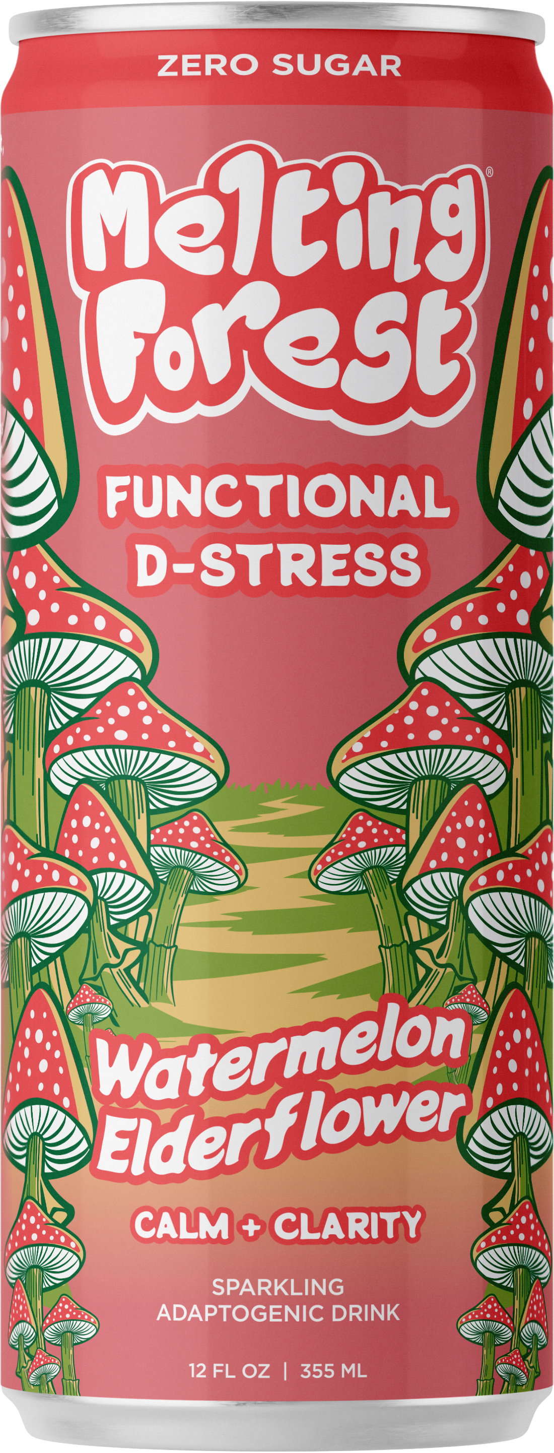 A pink can of Mushroom D-Stress Drink Watermelon Elderflower—a sparkling stress relief beverage with mushrooms and leaves on the design—features “Zero Sugar,” “Calm + Clarity,” and comes in a 12 fl oz (355 mL) pack.