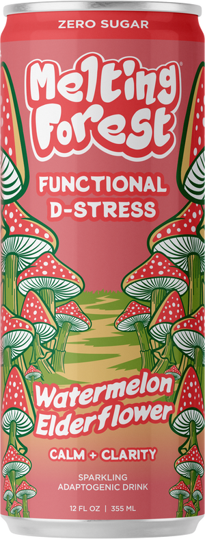 A pink can of Mushroom D-Stress Drink Watermelon Elderflower—a sparkling stress relief beverage with mushrooms and leaves on the design—features “Zero Sugar,” “Calm + Clarity,” and comes in a 12 fl oz (355 mL) pack.