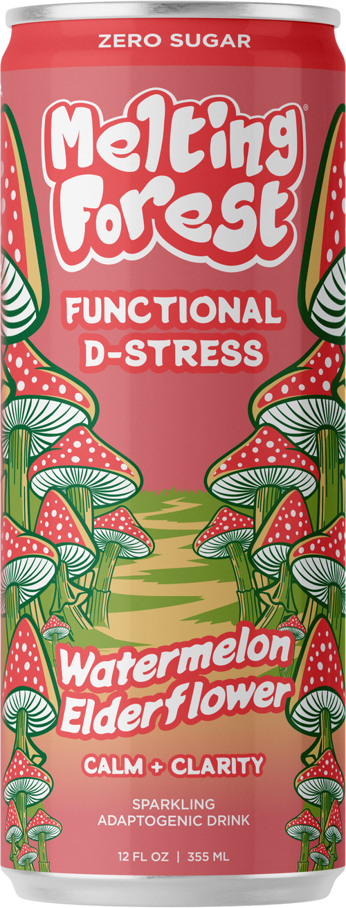 A pink can of Mushroom D-Stress Drink Watermelon Elderflower—a sparkling stress relief beverage with mushrooms and leaves on the design—features “Zero Sugar,” “Calm + Clarity,” and comes in a 12 fl oz (355 mL) pack.